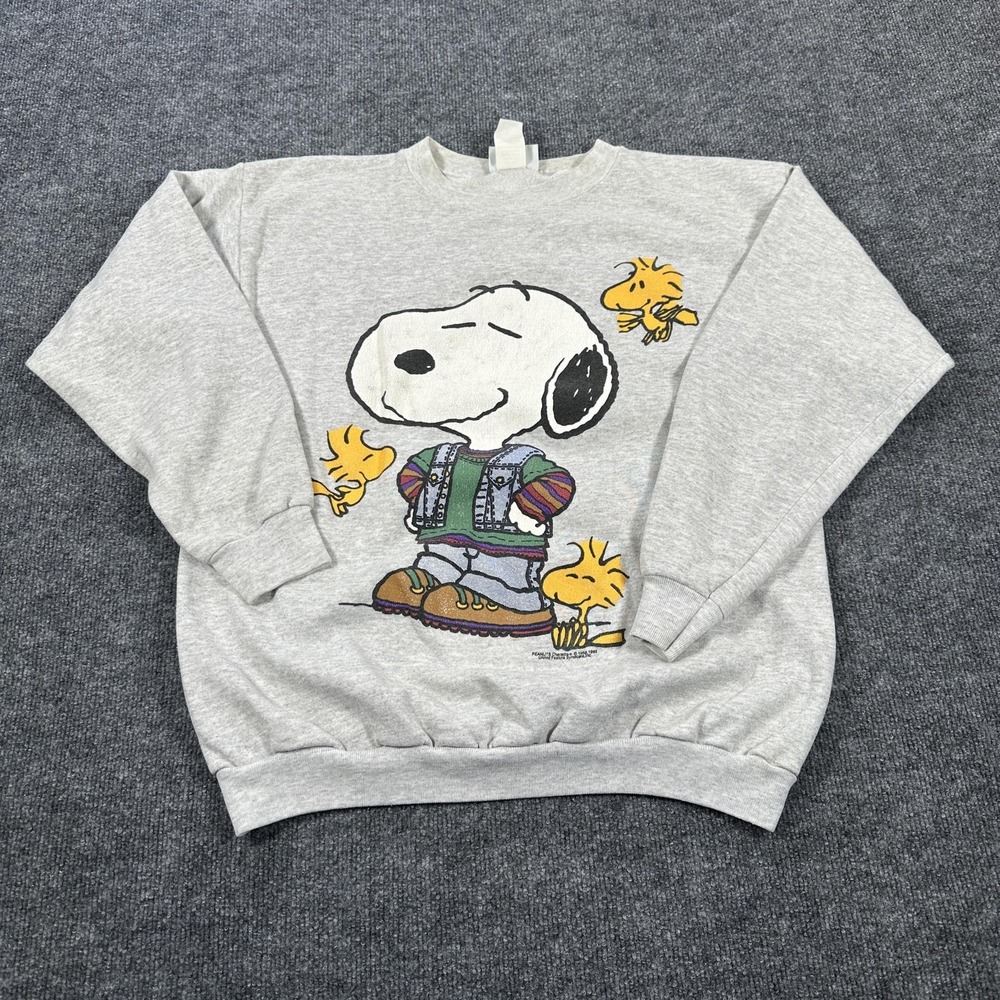 B.J. Design Snoopy Sweatshirt Mens XL Gray Fleece Pullover Woodstock Graphic